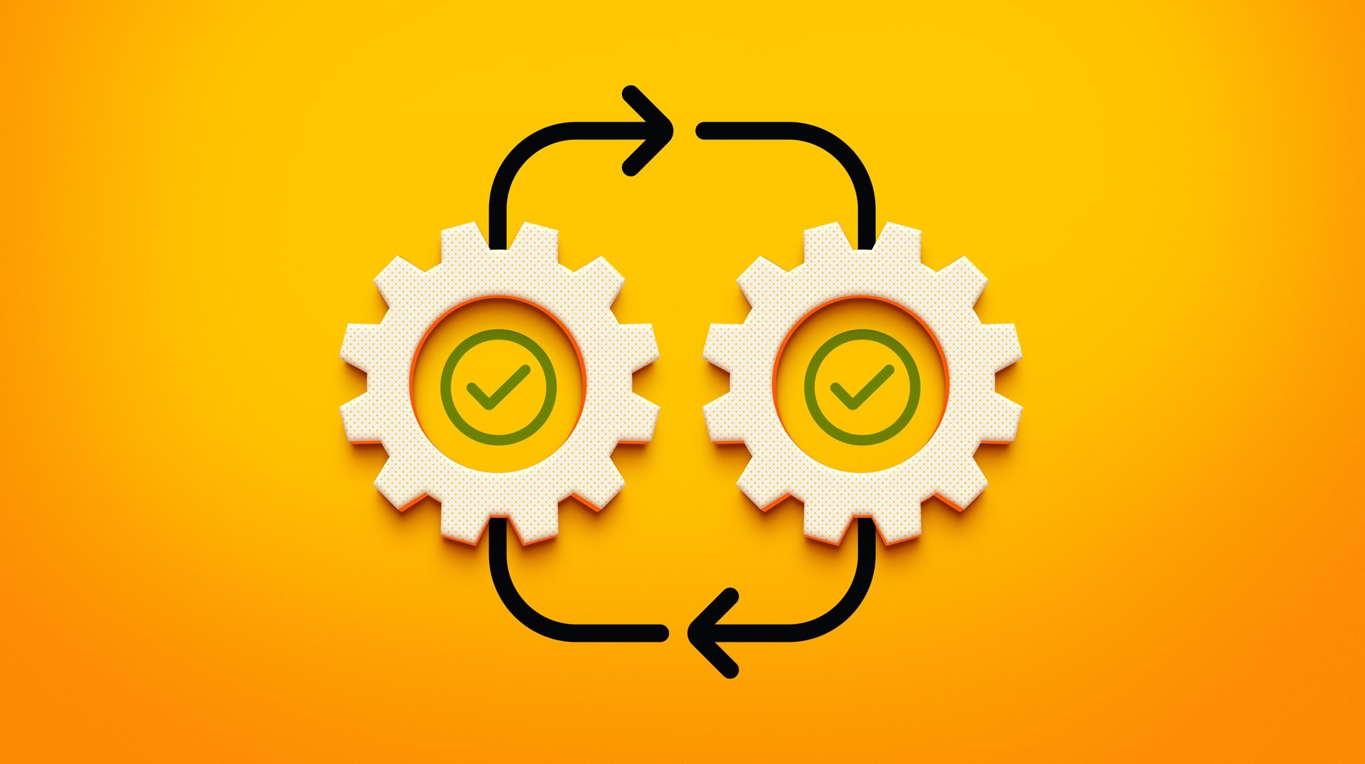 3D Cogwheel Icon with Check Mark, Symbolizing Efficient Production on Yellow Background