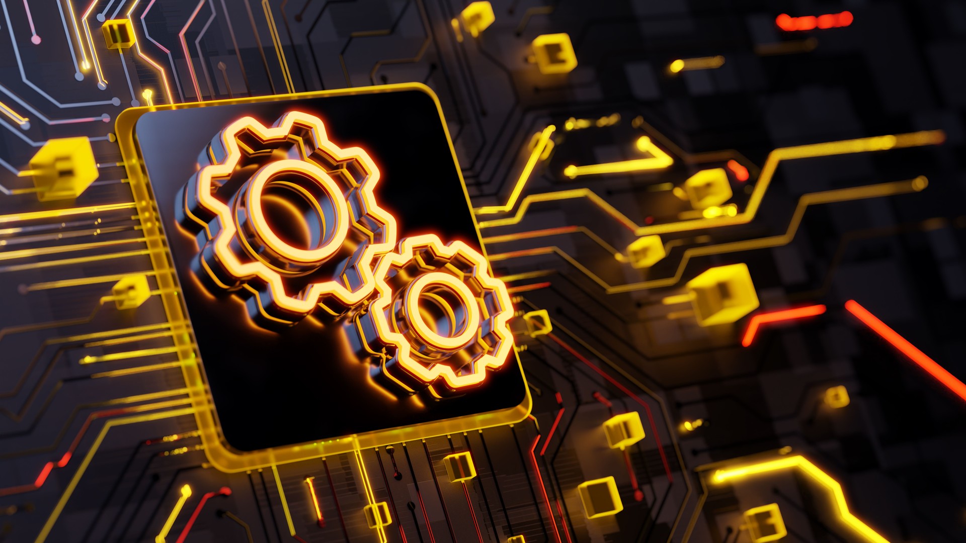 Innovation, technology concept. Glowing gears 3d symbol on the abstract circuit board with light trails as data streaming symbol