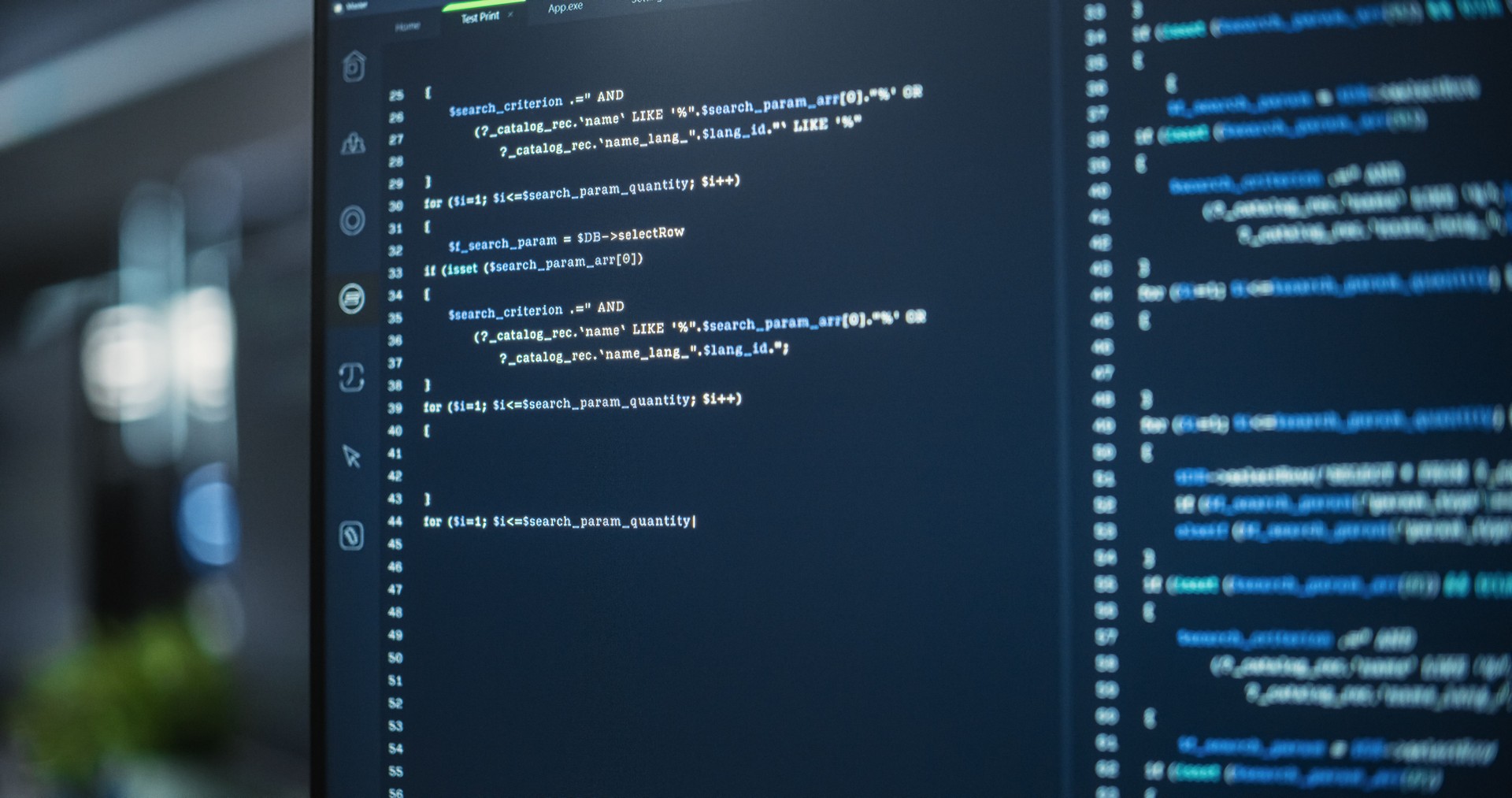 Close Up Focus on Desktop Computer Screen. Digital Display Showing Coding Language User Interface. Software Engineer Programming Innovative e-Commerce Software in Office